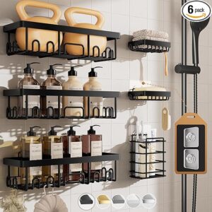 Veken Stainless Steel Shower Caddy 6-Pack, No Drilling & Rustproof, Waterproof Adhesive Shelves Rack with Soap Holder, Large Capacity Bathroom Organizers and Storage, Wall-Mounted Kitchen & Home Decor
