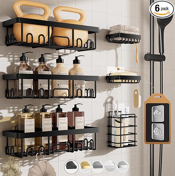 Veken Stainless Steel Shower Caddy 6-Pack, No Drilling & Rustproof, Waterproof Adhesive Shelves Rack with Soap Holder, Large Capacity Bathroom Organizers and Storage, Wall-Mounted Kitchen & Home Decor