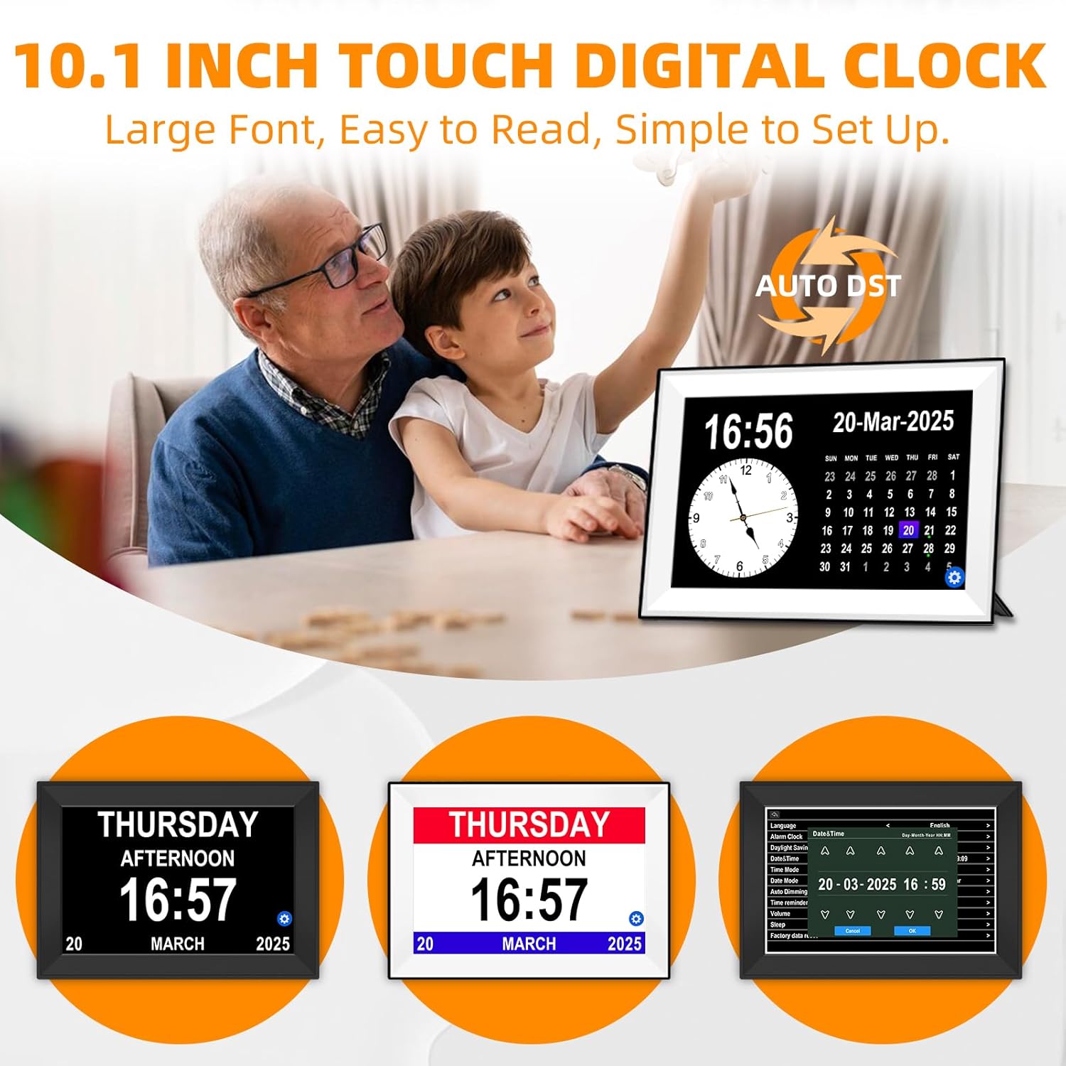 10.1" Touchscreen Digital Dementia Clock for Dad/Seniors, Extra Large Display, 40 Reminders, 64 Alarms, Auto-Dimming, Auto DST for Vision Impaired & Memory Loss(Black)