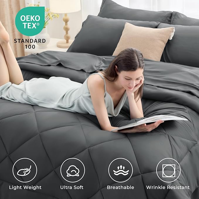 HEVUMYI 7 Pieces Queen Comforter Set, All Season Reversible Bed in a Bag Queen, Ultra Soft Queen Bedding Set with Grey Comforter, Flat Sheet, Fitted Sheet, Pillowcases, Pillow Shams, Dark Grey