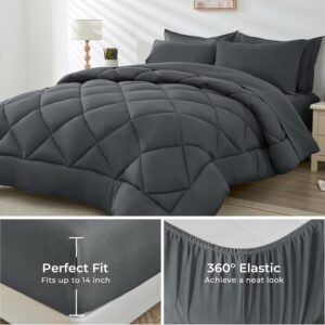 HEVUMYI 7 Pieces Queen Comforter Set, All Season Reversible Bed in a Bag Queen, Ultra Soft Queen Bedding Set with Grey Comforter, Flat Sheet, Fitted Sheet, Pillowcases, Pillow Shams, Dark Grey