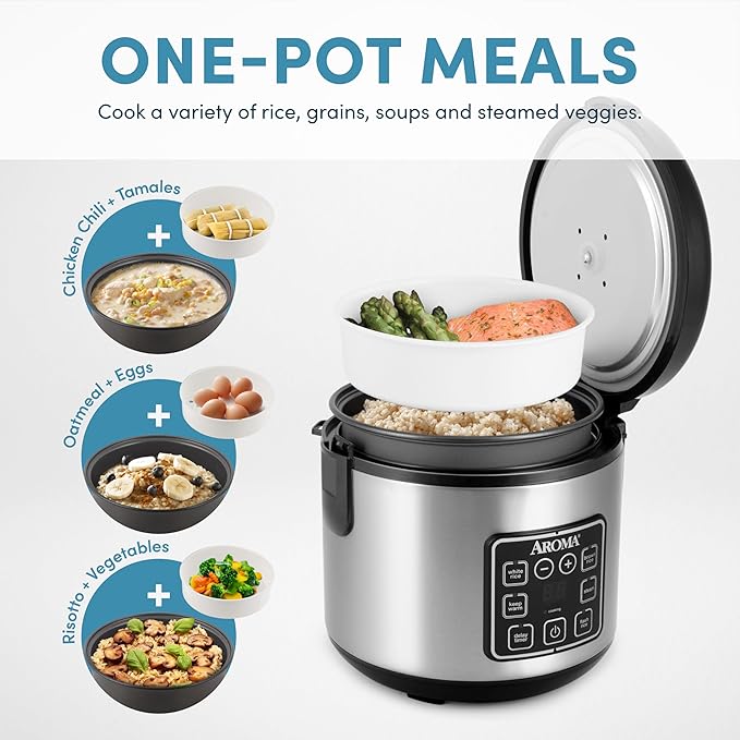 AROMA Digital Rice Cooker, 4-Cup (Uncooked) / 8-Cup (Cooked), Steamer, Grain Cooker, Multicooker, 2 Qt, Stainless Steel Exterior, ARC-914SBD