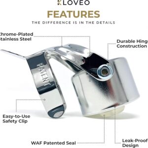 KLOVEO Champagne Stoppers - Patented Seal - Made in Italy - Professional Grade WAF Champagne Bottle Stopper - Prosecco, Cava, and Sparkling Wine Stopper