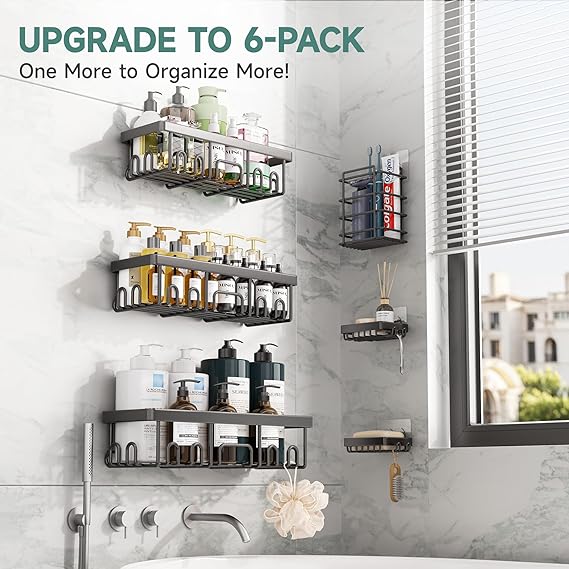 Veken Stainless Steel Shower Caddy 6-Pack, No Drilling & Rustproof, Waterproof Adhesive Shelves Rack with Soap Holder, Large Capacity Bathroom Organizers and Storage, Wall-Mounted Kitchen & Home Decor