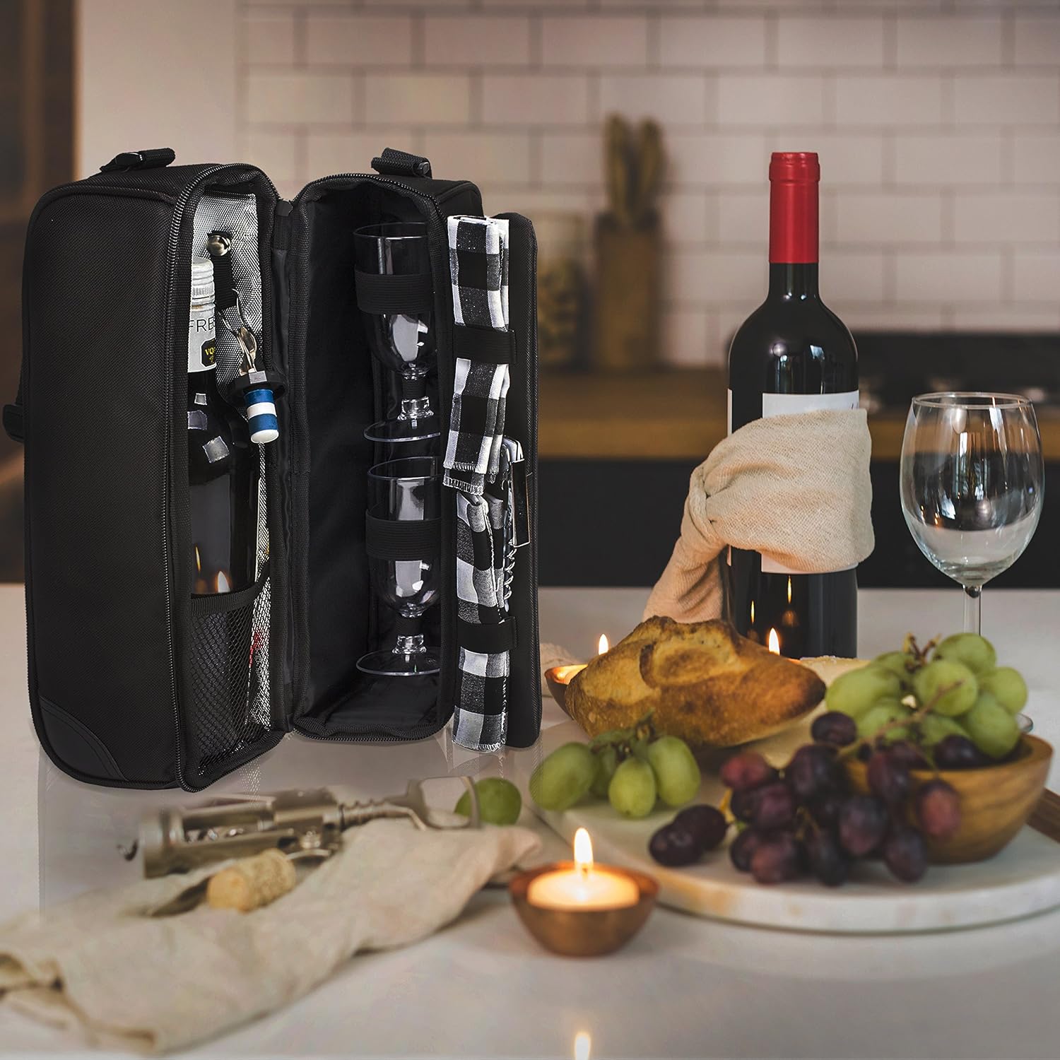 ALLCAMP Wine tote Bag with Cooler Compartment，Picnic Set Carrying Two sets of tableware