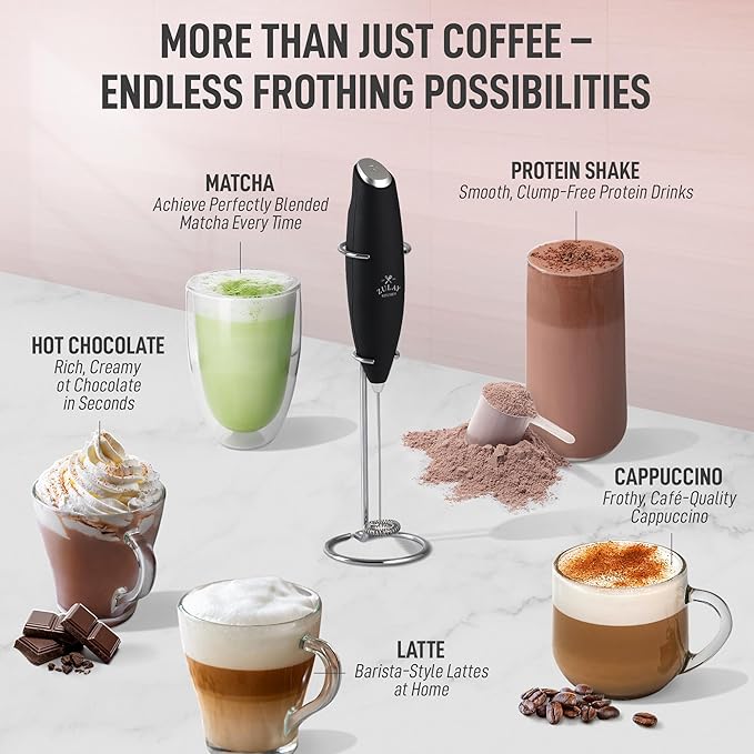 Zulay Kitchen Powerful Milk Frother Wand With 2 Duracell Batteries - Ultra Fast Handheld Drink Mixer - Electric Whisk Foam Maker for Coffee, Lattes, Cappuccino, Matcha, Hot Chocolate & Creamer - Black