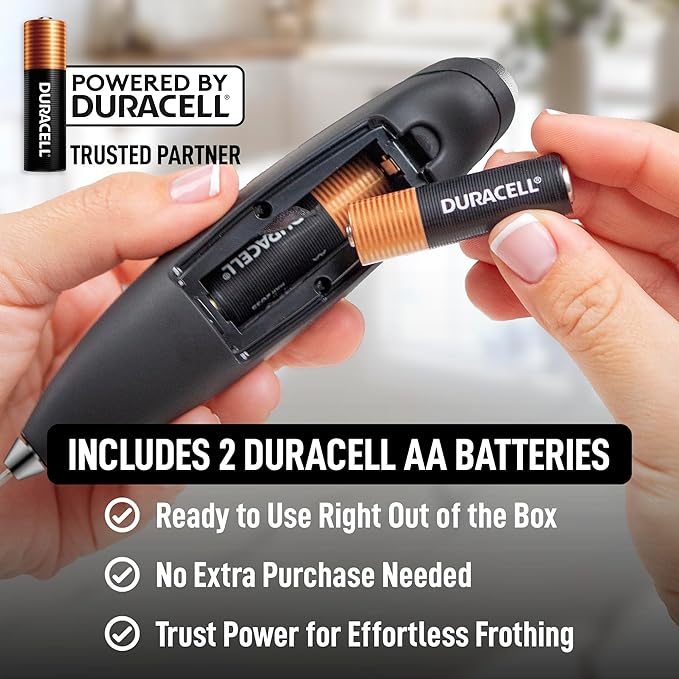 Zulay Kitchen Powerful Milk Frother Wand With 2 Duracell Batteries - Ultra Fast Handheld Drink Mixer - Electric Whisk Foam Maker for Coffee, Lattes, Cappuccino, Matcha, Hot Chocolate & Creamer - Black