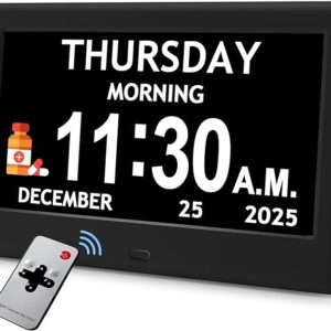 7'' Dementia Clock For Seniors, Large Display Digital Clock With Date, Time, Day Of Week for Elderly, Memory Loss, Alzheimer, 1024*600P HD, 10 Reminders & 6 Alarms, Auto Dimming & DST, Remote Control