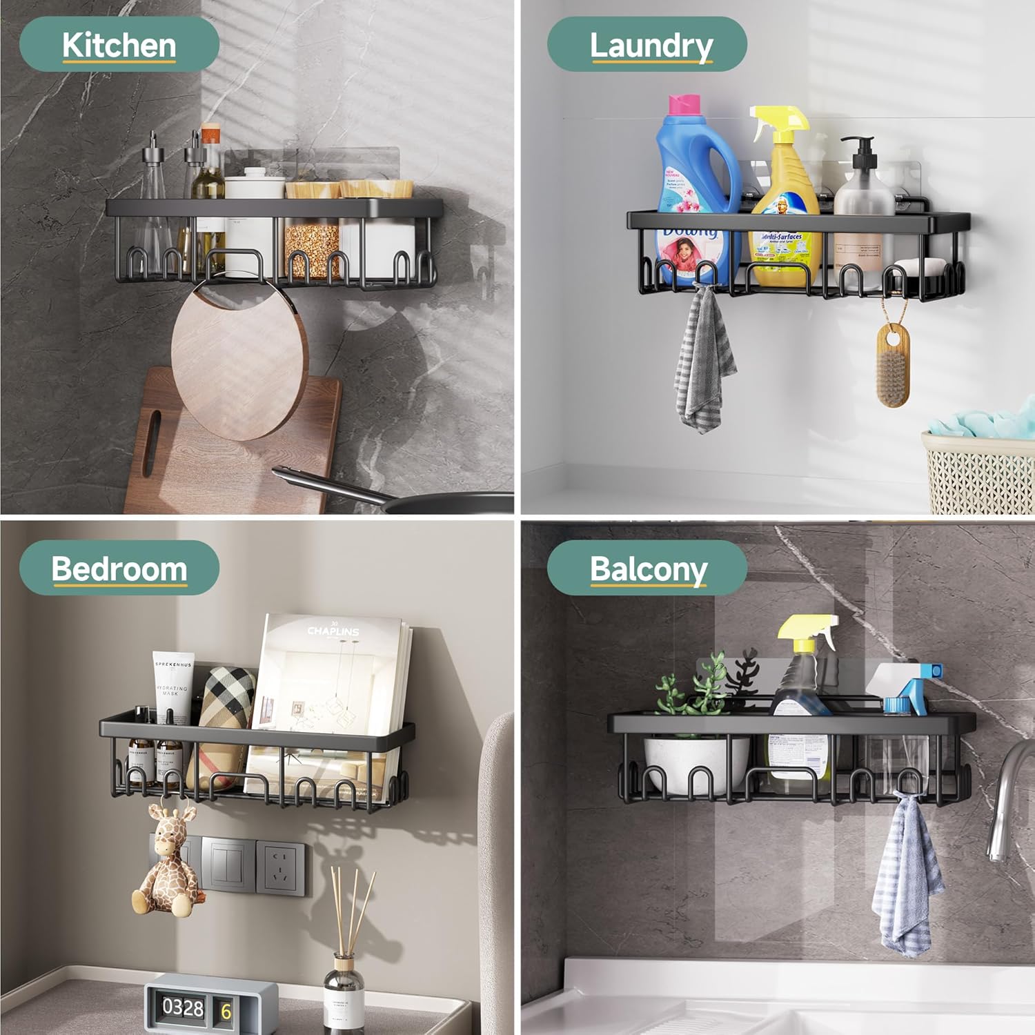 Veken Stainless Steel Shower Caddy 6-Pack, No Drilling & Rustproof, Waterproof Adhesive Shelves Rack with Soap Holder, Large Capacity Bathroom Organizers and Storage, Wall-Mounted Kitchen & Home Decor
