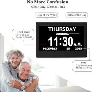 7'' Dementia Clock For Seniors, Large Display Digital Clock With Date, Time, Day Of Week for Elderly, Memory Loss, Alzheimer, 1024*600P HD, 10 Reminders & 6 Alarms, Auto Dimming & DST, Remote Control