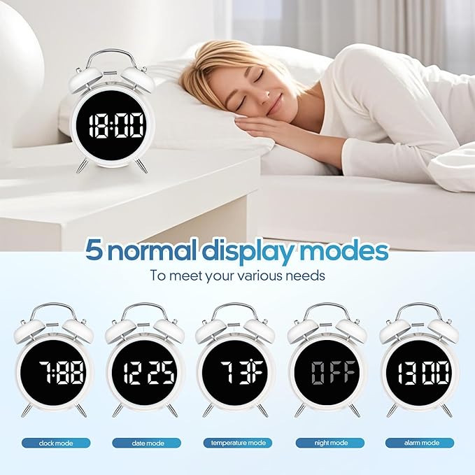 Loud Alarm Clock for Heavy Sleepers Adults, Teens,Kids,Retro Metal Twin Bell 4 Inch,Large Big Numbers Display with Backlight, Small Bedside Digital Clock for Bedrooms (Silvery)