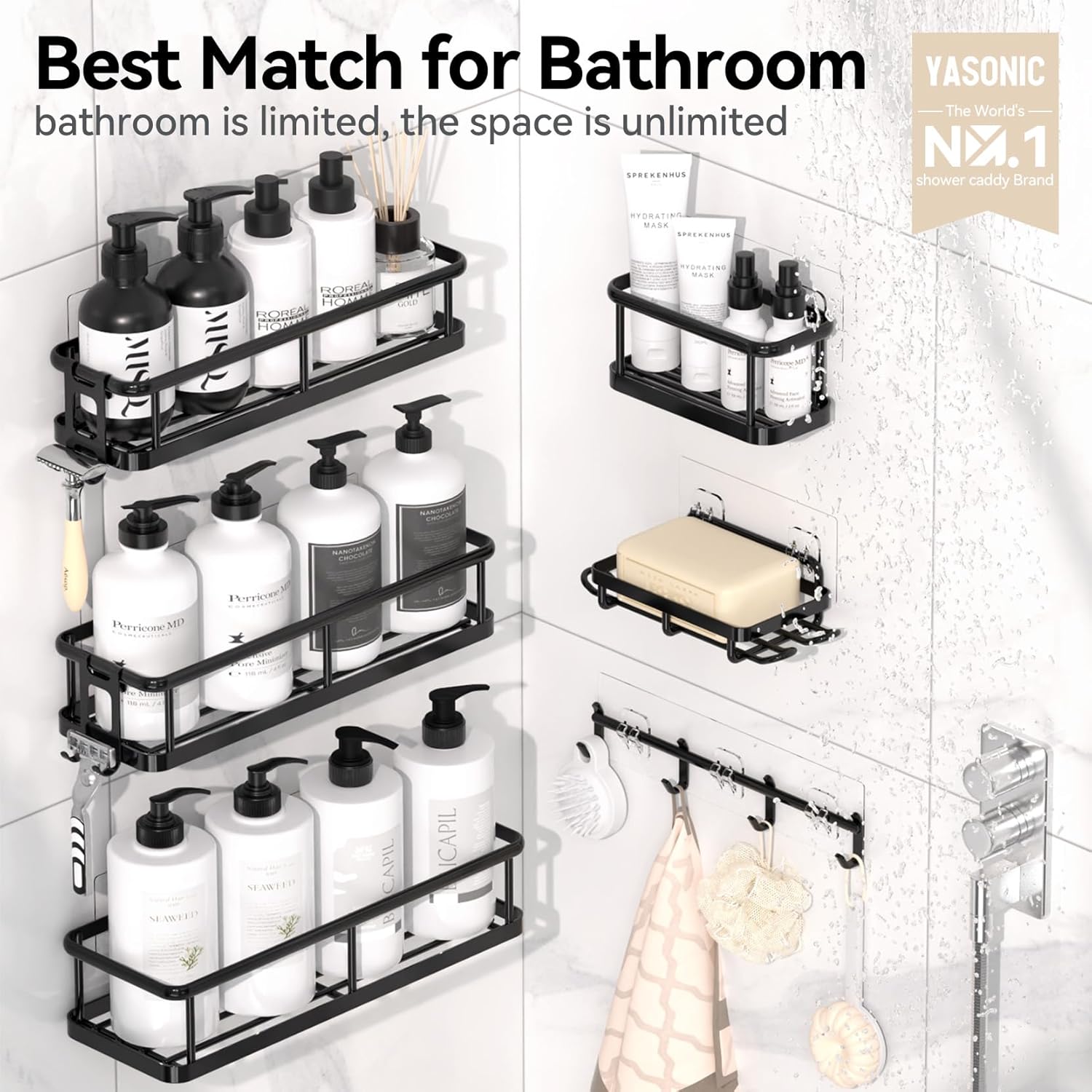YASONIC Shower Caddy, 6 Pack Large Capacity shower Organizer with Soap Holder and 12 Hooks, Rustproof Shower Shelves for Inside Shower, No Drilling&Sleek Bathroom Organizers and Storage