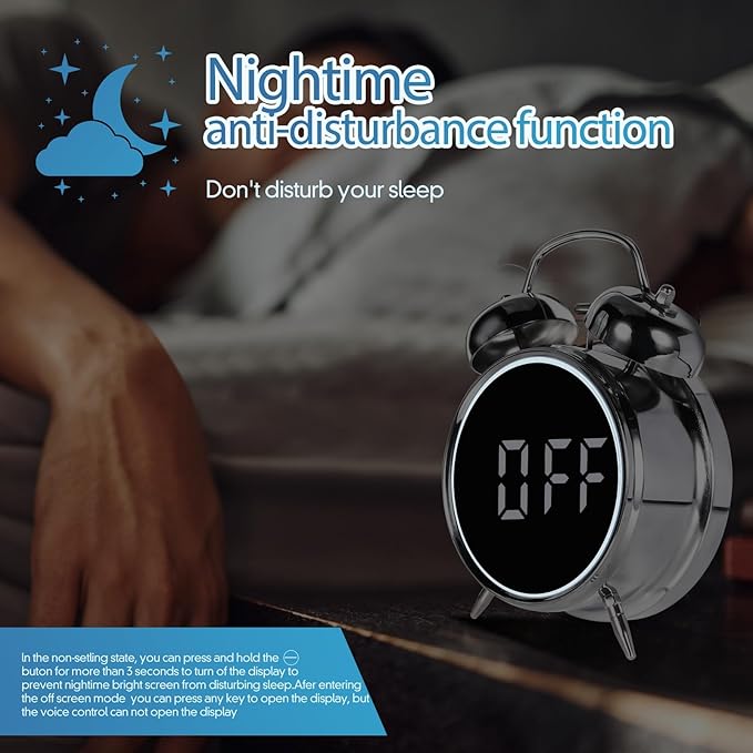 Loud Alarm Clock for Heavy Sleepers Adults, Teens,Kids,Retro Metal Twin Bell 4 Inch,Large Big Numbers Display with Backlight, Small Bedside Digital Clock for Bedrooms (Silvery)