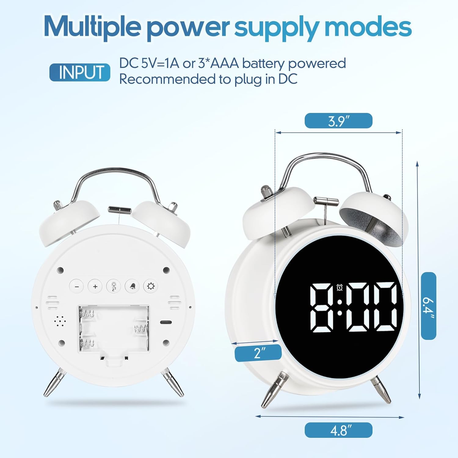 Loud Alarm Clock for Heavy Sleepers Adults, Teens,Kids,Retro Metal Twin Bell 4 Inch,Large Big Numbers Display with Backlight, Small Bedside Digital Clock for Bedrooms (Silvery)