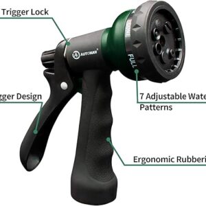 AUTOMAN-Garden-Hose-Nozzle, ABS Water Spray Nozzle with 7 Adjustable Watering Patterns, Slip Resistant for Watering Plants, Lawn& Garden, Washing Cars, Cleaning, Showering Pets & Outdoor Fun.