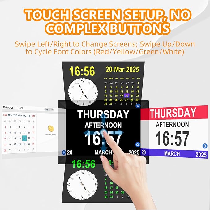 10.1" Touchscreen Digital Dementia Clock for Dad/Seniors, Extra Large Display, 40 Reminders, 64 Alarms, Auto-Dimming, Auto DST for Vision Impaired & Memory Loss(Black)